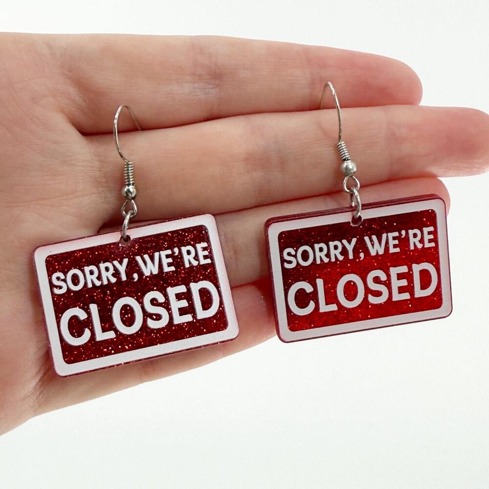 Closed Sign Glitter Earrings: Quirky Acrylic Statement Earrings